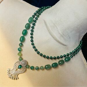 Handcrafted elegant double strand Czech glass pearl aventurine barrel necklace